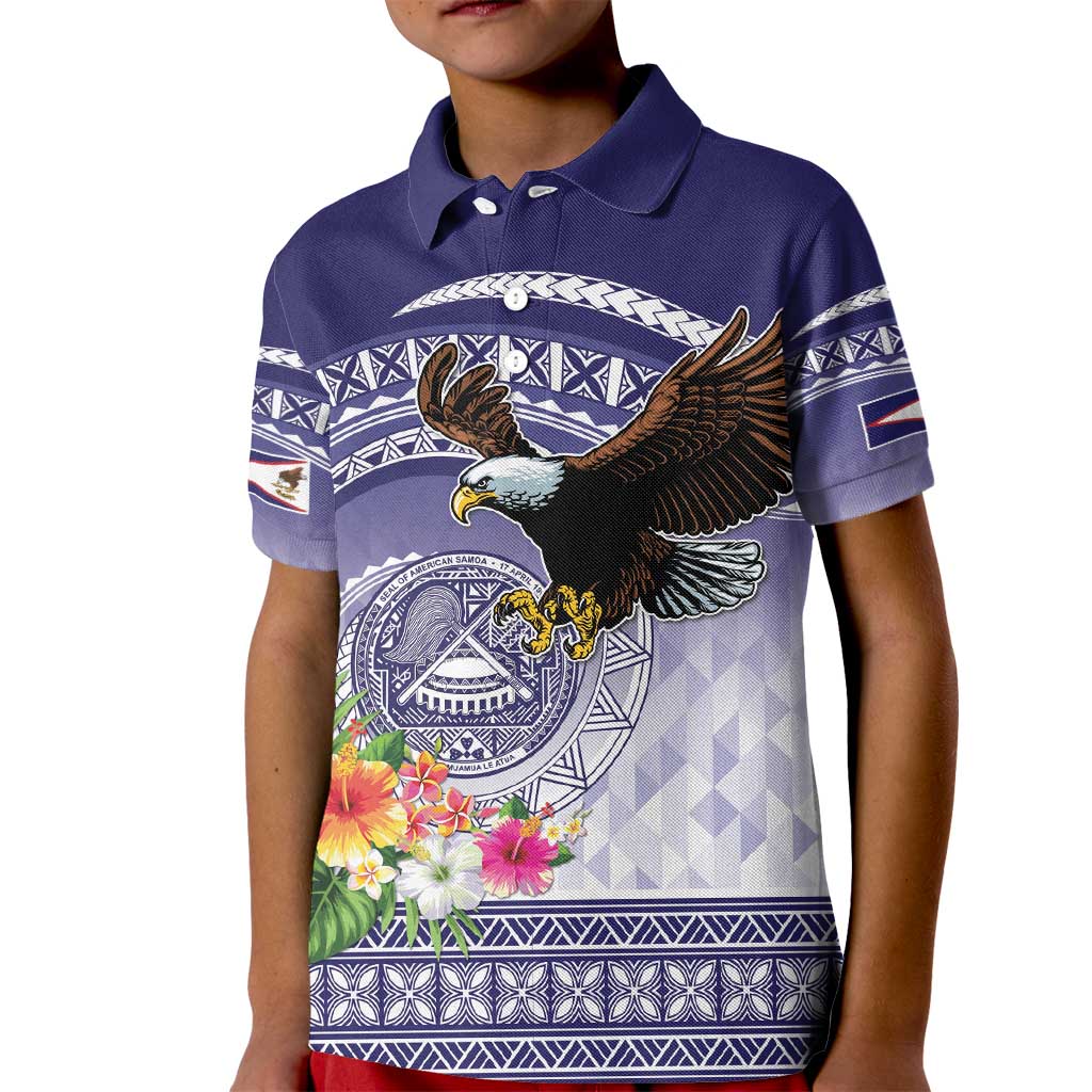 American Samoa Bald Eagle Kid Polo Shirt Polynesian Tropical Flowers LT9 Kid Blue - Polynesian Pride