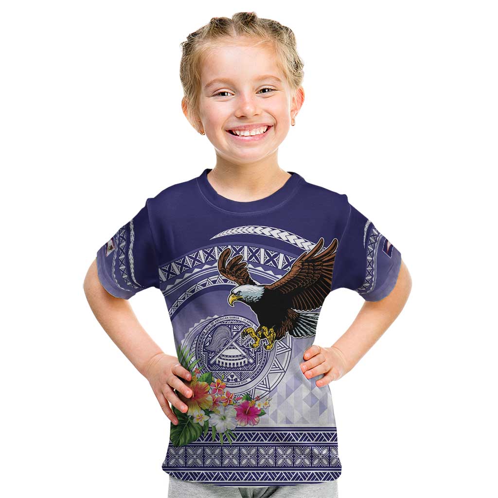 American Samoa Bald Eagle Kid T Shirt Polynesian Tropical Flowers LT9 Blue - Polynesian Pride