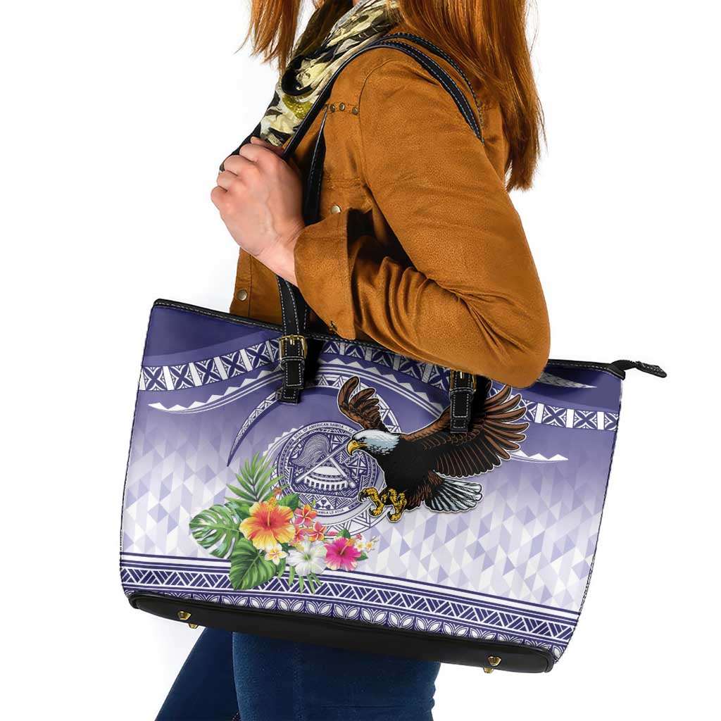 American Samoa Bald Eagle Leather Tote Bag Polynesian Tropical Flowers LT9 Blue - Polynesian Pride