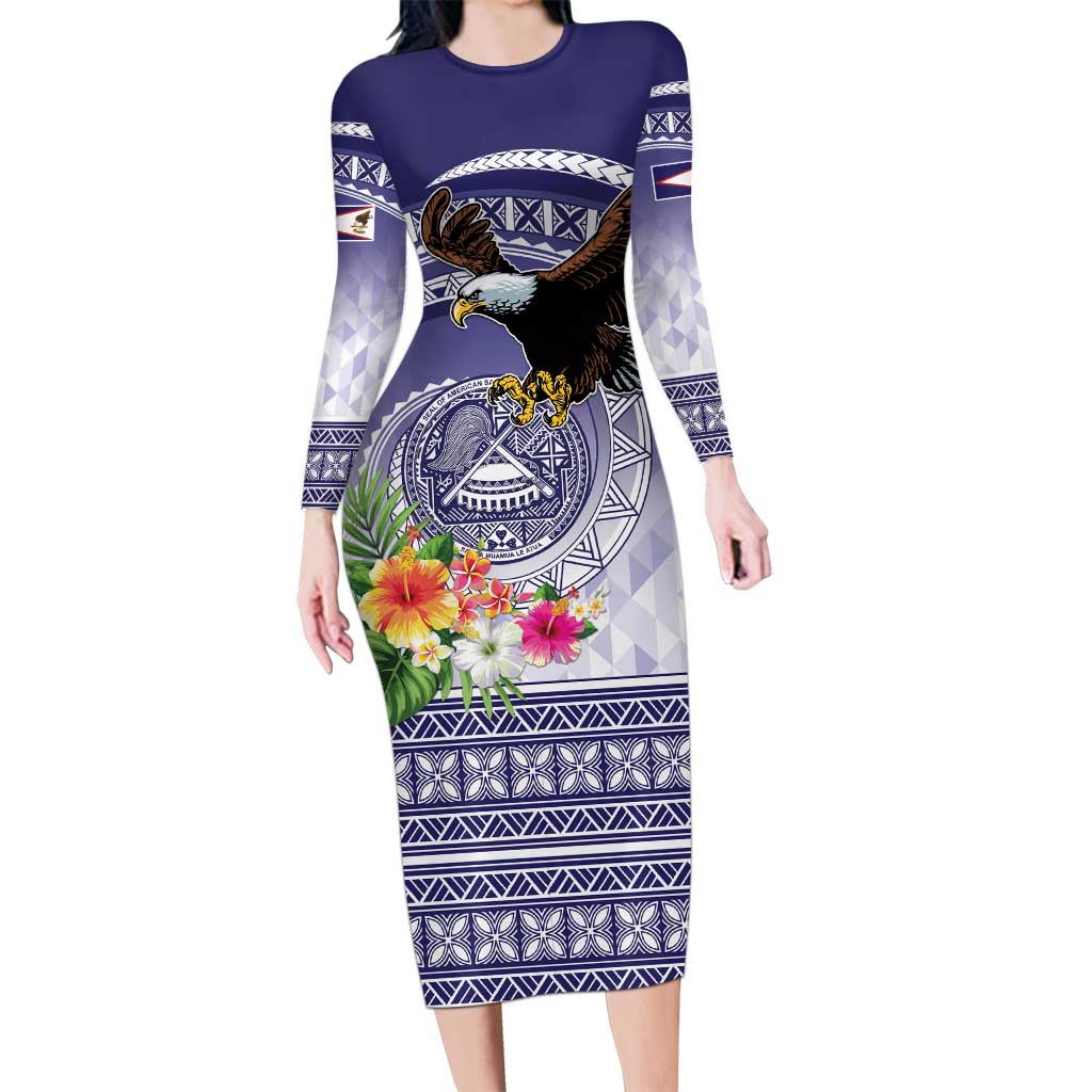 American Samoa Bald Eagle Long Sleeve Bodycon Dress Polynesian Tropical Flowers LT9 Long Dress Blue - Polynesian Pride