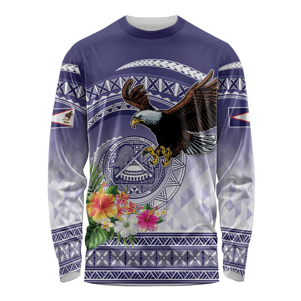American Samoa Bald Eagle Long Sleeve Shirt Polynesian Tropical Flowers LT9 Unisex Blue - Polynesian Pride