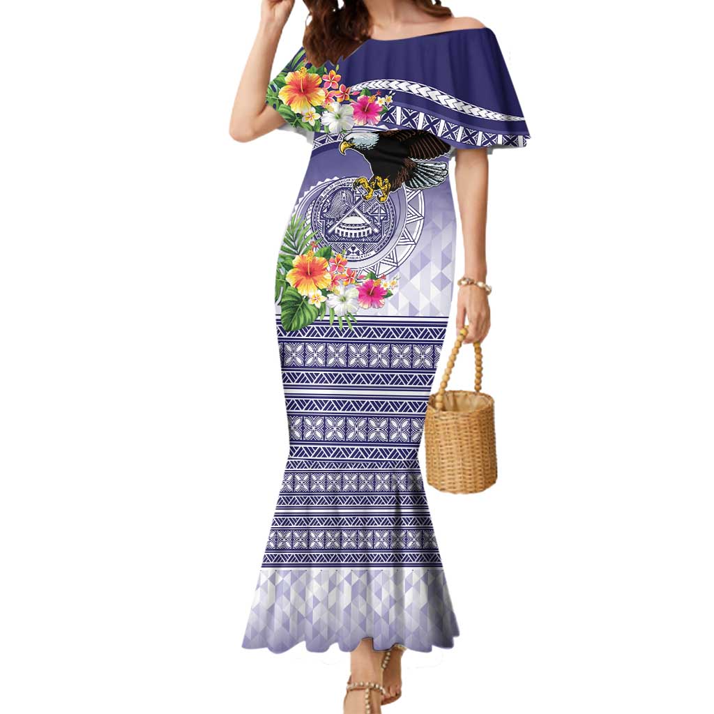 American Samoa Bald Eagle Mermaid Dress Polynesian Tropical Flowers LT9 Women Blue - Polynesian Pride