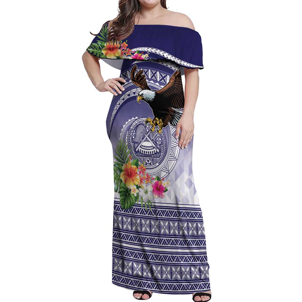 American Samoa Bald Eagle Off Shoulder Maxi Dress Polynesian Tropical Flowers LT9 Women Blue - Polynesian Pride