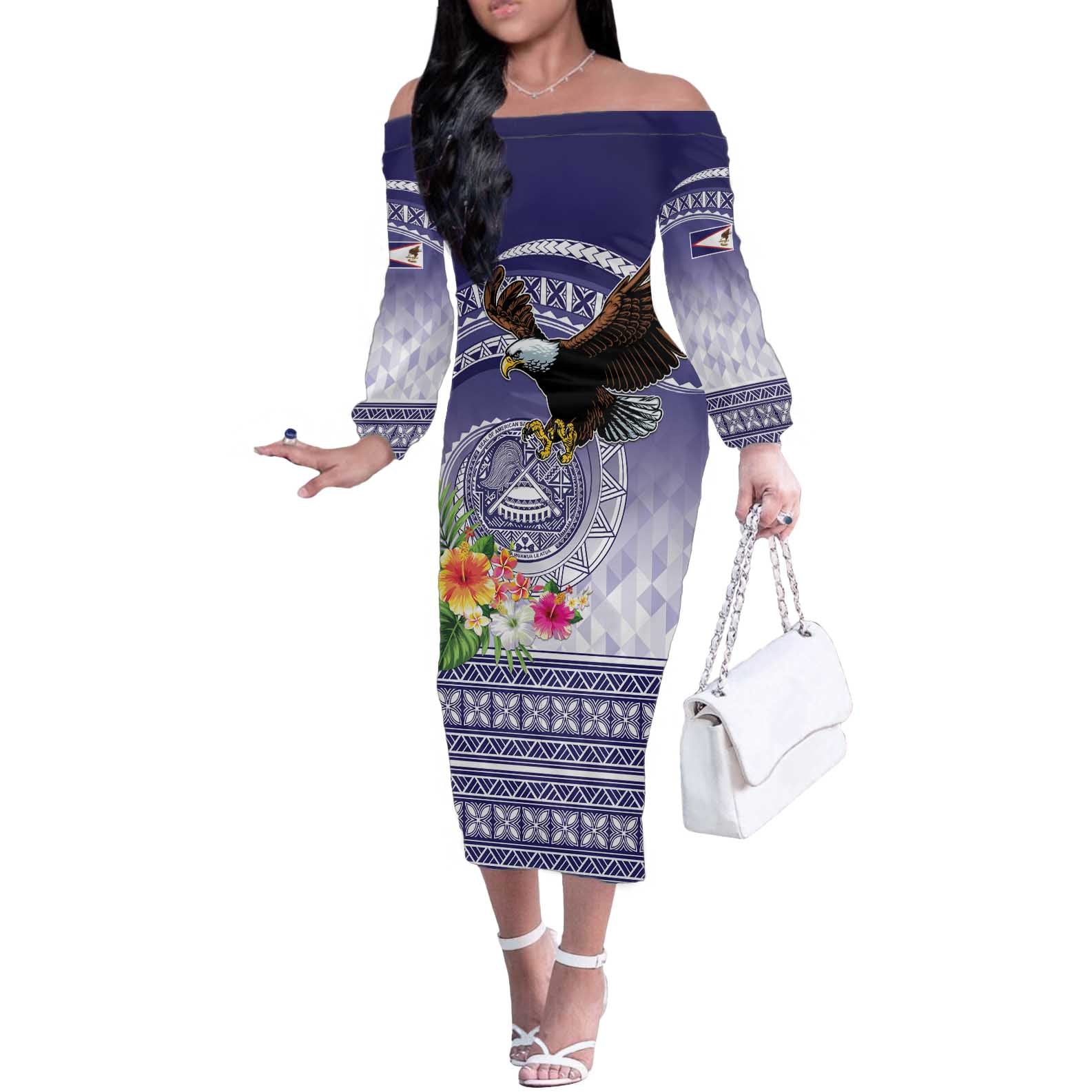 American Samoa Bald Eagle Off The Shoulder Long Sleeve Dress Polynesian Tropical Flowers LT9 Women Blue - Polynesian Pride