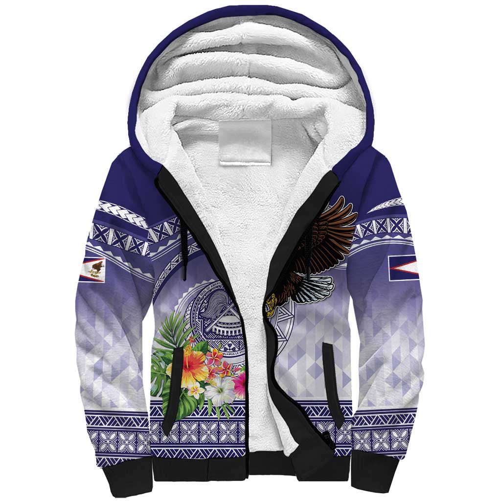 American Samoa Bald Eagle Sherpa Hoodie Polynesian Tropical Flowers LT9 Unisex Blue - Polynesian Pride