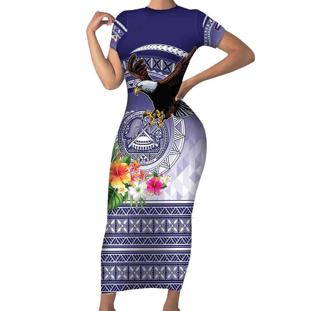 American Samoa Bald Eagle Short Sleeve Bodycon Dress Polynesian Tropical Flowers LT9 Long Dress Blue - Polynesian Pride