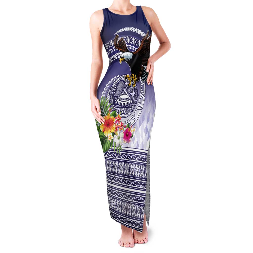 American Samoa Bald Eagle Tank Maxi Dress Polynesian Tropical Flowers LT9 Women Blue - Polynesian Pride