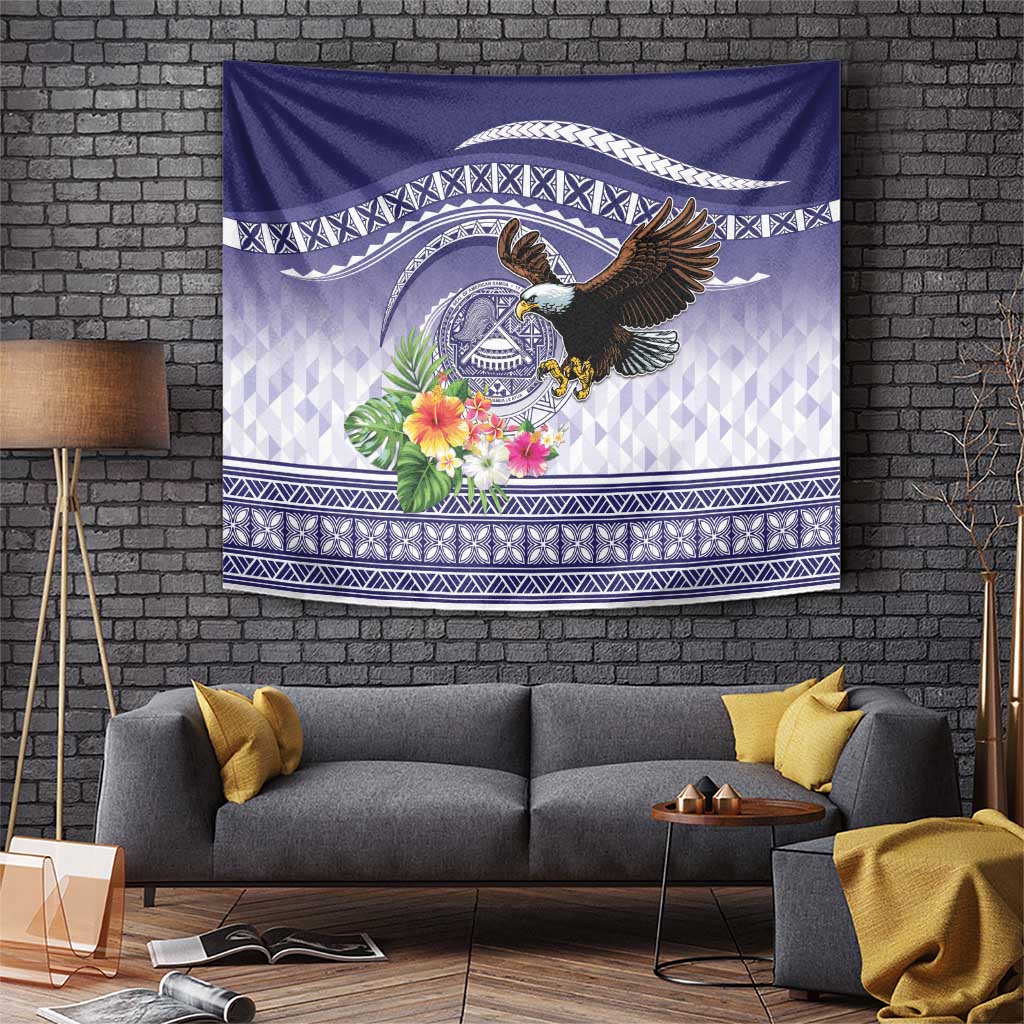 American Samoa Bald Eagle Tapestry Polynesian Tropical Flowers LT9 Blue - Polynesian Pride