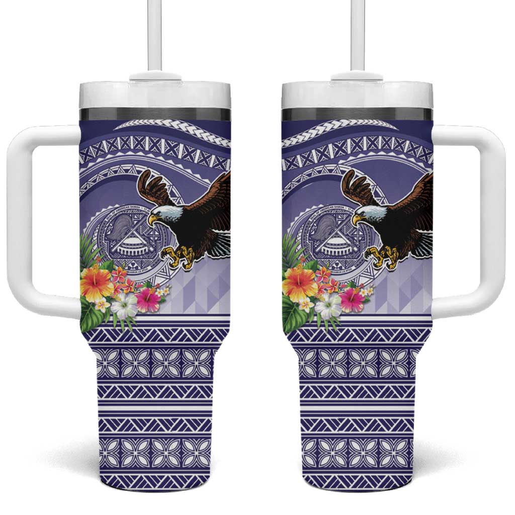 American Samoa Bald Eagle Tumbler With Handle Polynesian Tropical Flowers LT9 One Size: 40 oz Blue - Polynesian Pride
