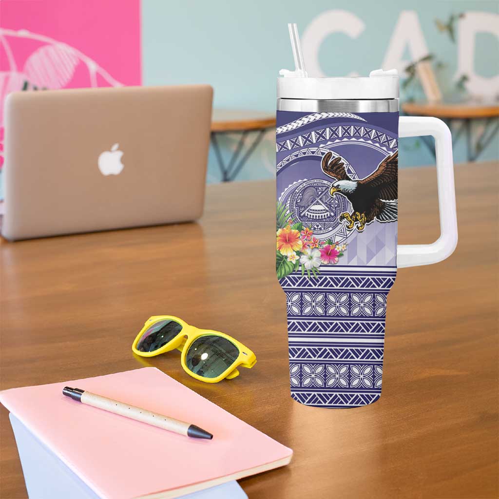 American Samoa Bald Eagle Tumbler With Handle Polynesian Tropical Flowers LT9 - Polynesian Pride