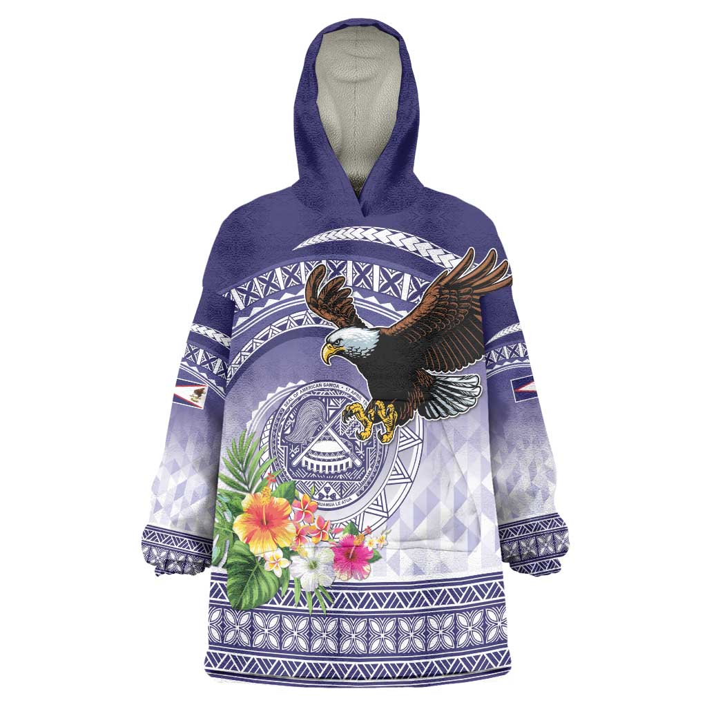 American Samoa Bald Eagle Wearable Blanket Hoodie Polynesian Tropical Flowers LT9 One Size Blue - Polynesian Pride