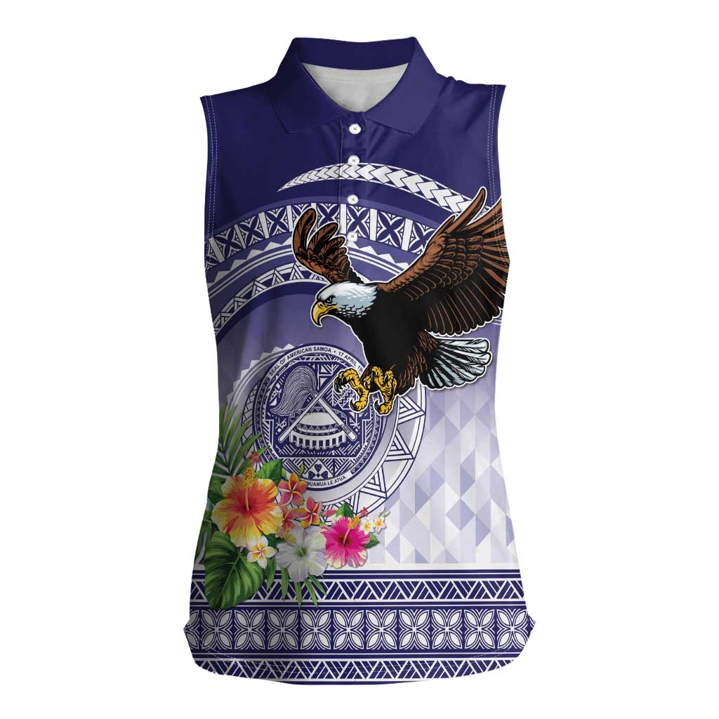 American Samoa Bald Eagle Women Sleeveless Polo Shirt Polynesian Tropical Flowers LT9 Female Blue - Polynesian Pride