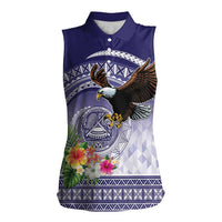 American Samoa Bald Eagle Women Sleeveless Polo Shirt Polynesian Tropical Flowers