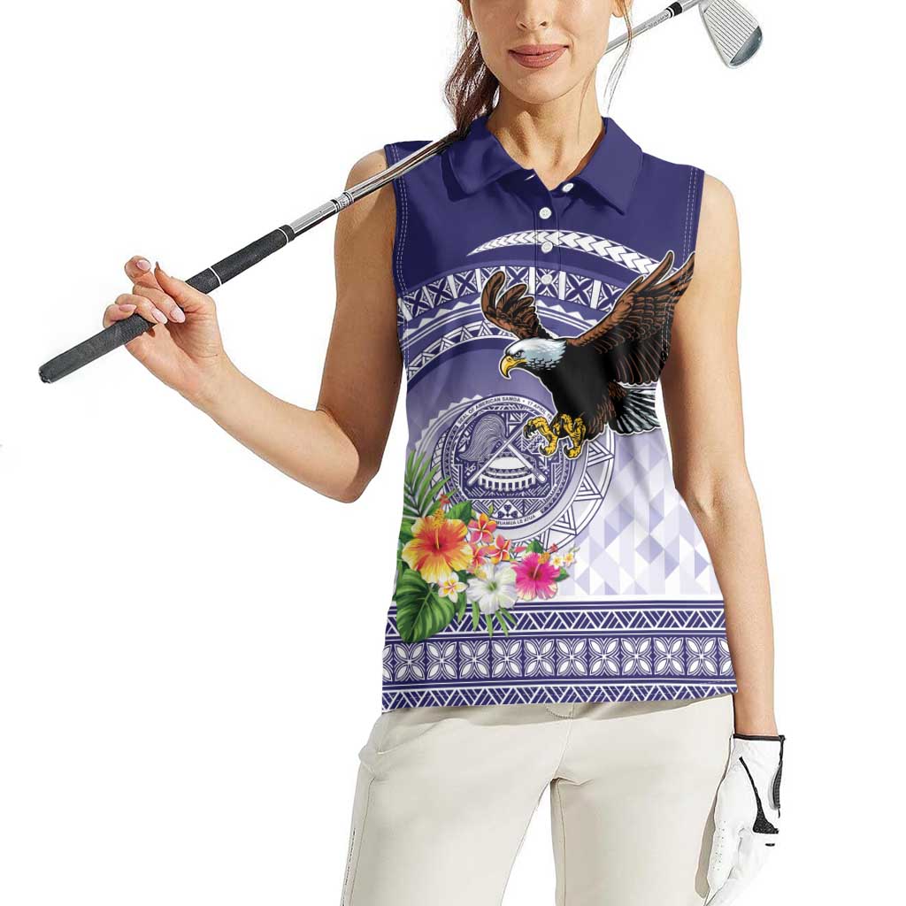 American Samoa Bald Eagle Women Sleeveless Polo Shirt Polynesian Tropical Flowers