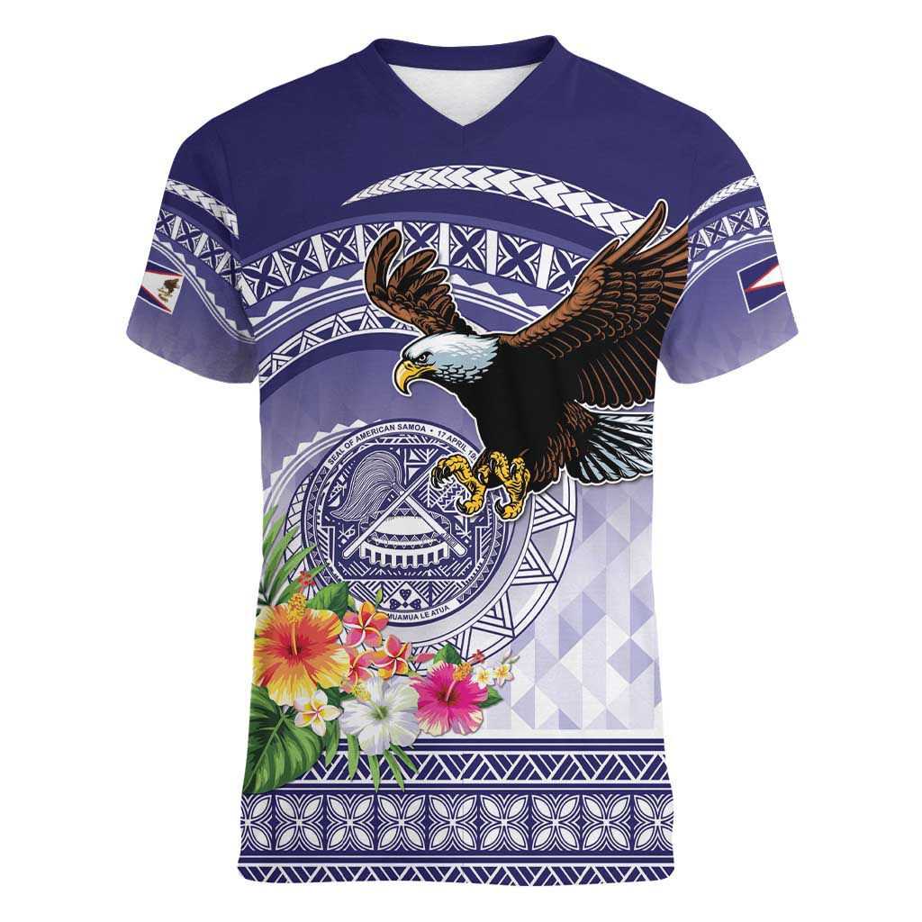 American Samoa Bald Eagle Women V-Neck T-Shirt Polynesian Tropical Flowers LT9 Female Blue - Polynesian Pride