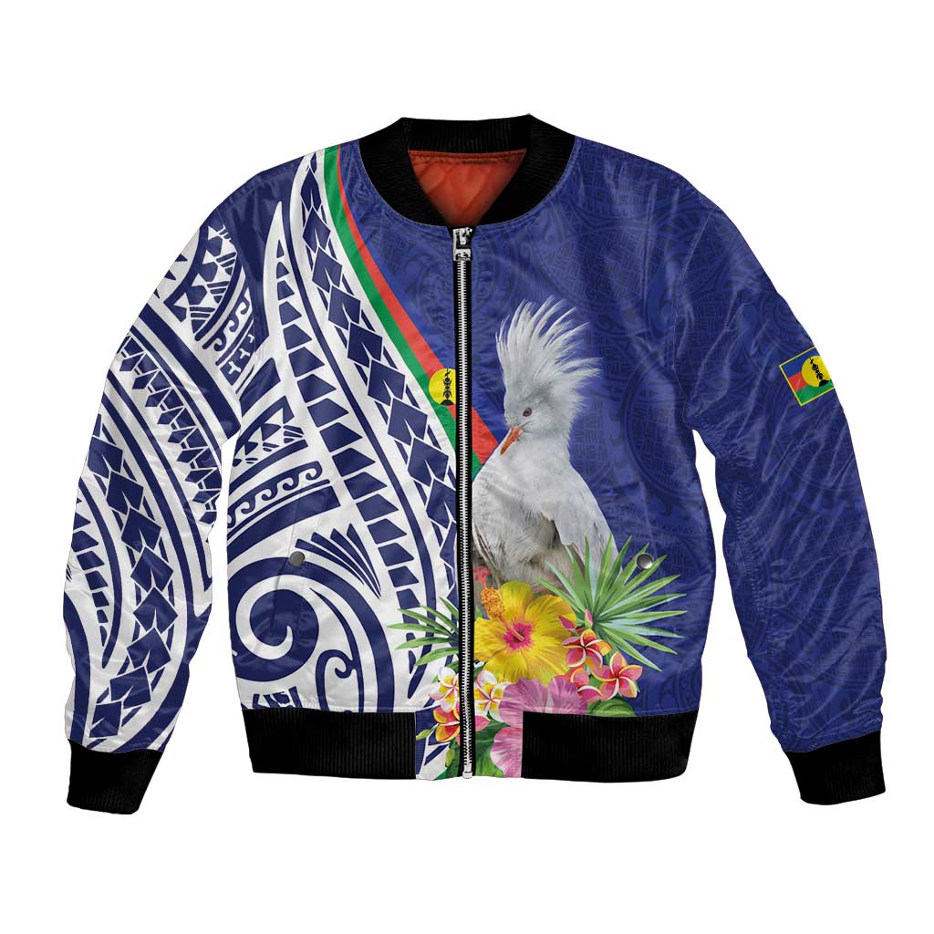 New Caledonia Kagu Bird Bomber Jacket Polynesian Tropical Flowers LT9 Unisex Blue - Polynesian Pride