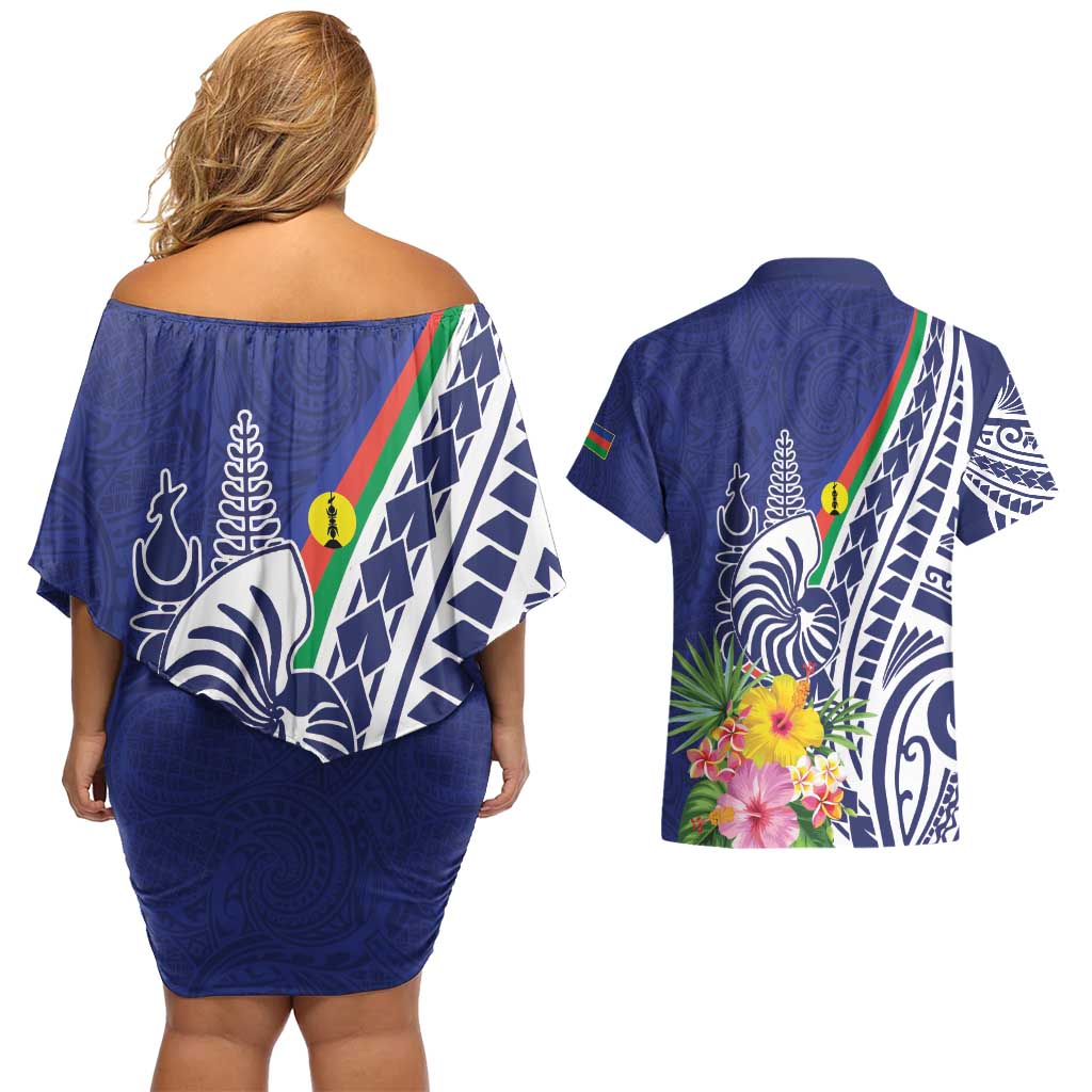 New Caledonia Kagu Bird Couples Matching Off Shoulder Short Dress and Hawaiian Shirt Polynesian Tropical Flowers