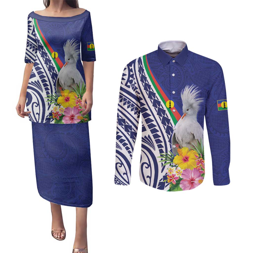 New Caledonia Kagu Bird Couples Matching Puletasi and Long Sleeve Button Shirt Polynesian Tropical Flowers LT9 Blue - Polynesian Pride