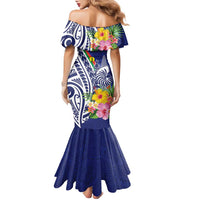 New Caledonia Kagu Bird Family Matching Mermaid Dress and Hawaiian Shirt Polynesian Tropical Flowers