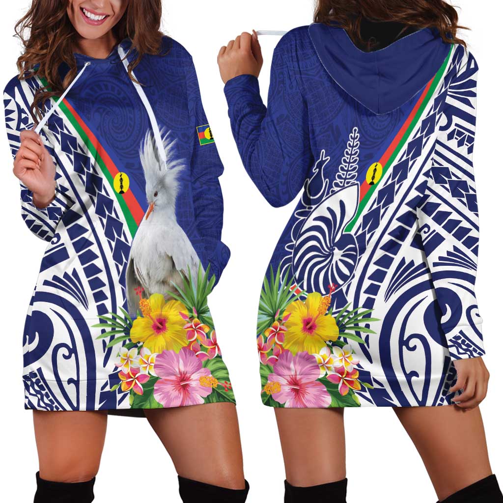 New Caledonia Kagu Bird Hoodie Dress Polynesian Tropical Flowers