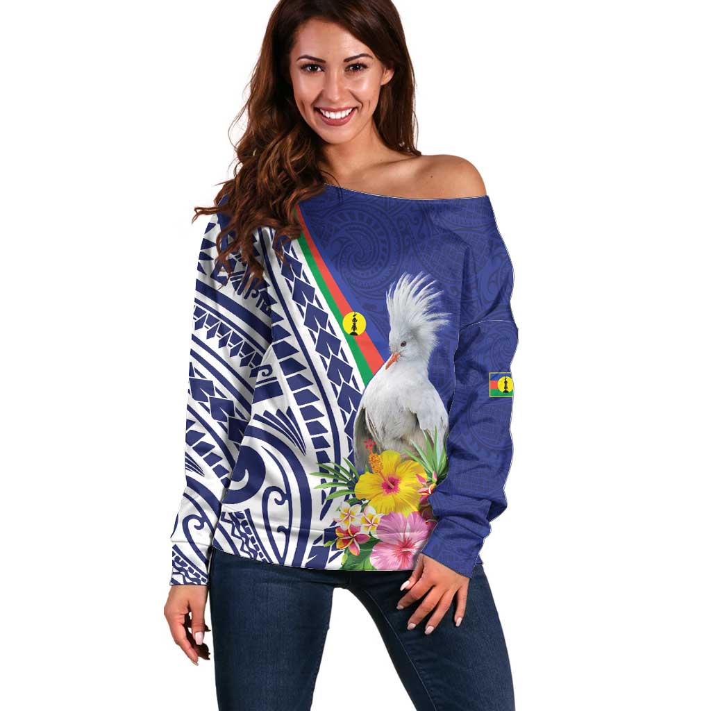New Caledonia Kagu Bird Off Shoulder Sweater Polynesian Tropical Flowers LT9 Women Blue - Polynesian Pride