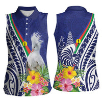 New Caledonia Kagu Bird Women Sleeveless Polo Shirt Polynesian Tropical Flowers