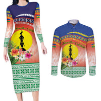 New Caledonia Nautilus Shell Couples Matching Long Sleeve Bodycon Dress and Long Sleeve Button Shirt Polynesian Tropical Flowers