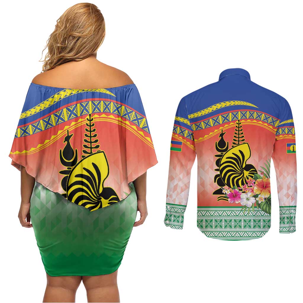 New Caledonia Nautilus Shell Couples Matching Off Shoulder Short Dress and Long Sleeve Button Shirt Polynesian Tropical Flowers