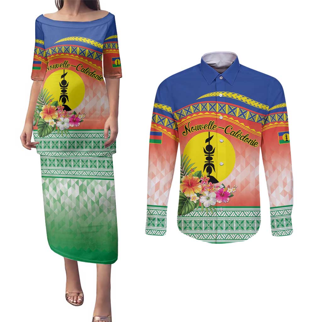 New Caledonia Nautilus Shell Couples Matching Puletasi and Long Sleeve Button Shirt Polynesian Tropical Flowers LT9 Red - Polynesian Pride