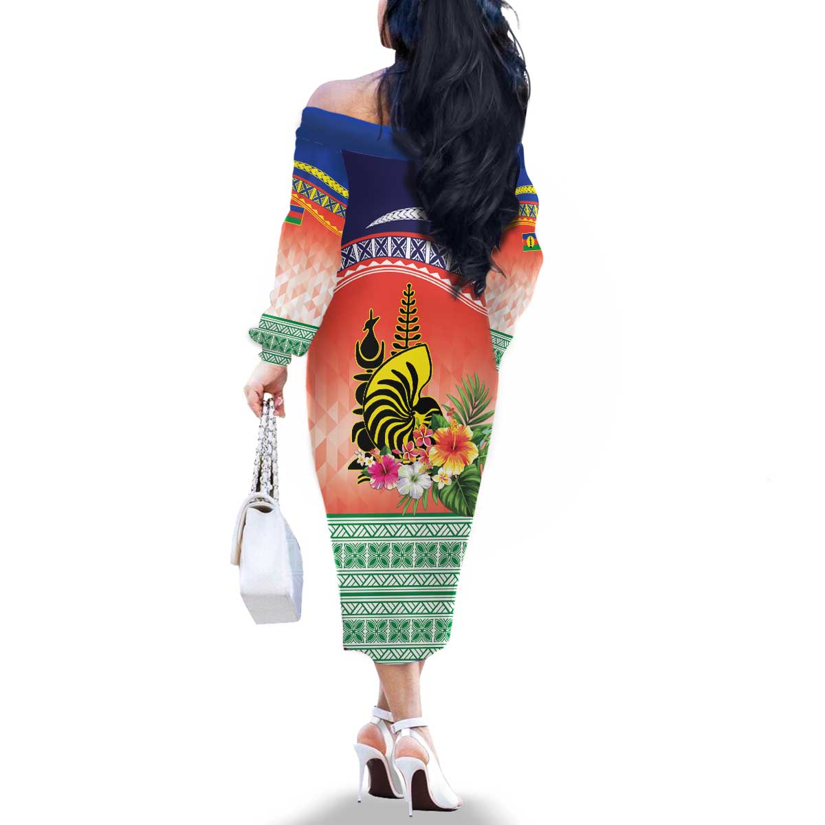 New Caledonia Nautilus Shell Family Matching Off The Shoulder Long Sleeve Dress and Hawaiian Shirt Polynesian Tropical Flowers