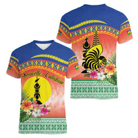 New Caledonia Nautilus Shell Women V-Neck T-Shirt Polynesian Tropical Flowers
