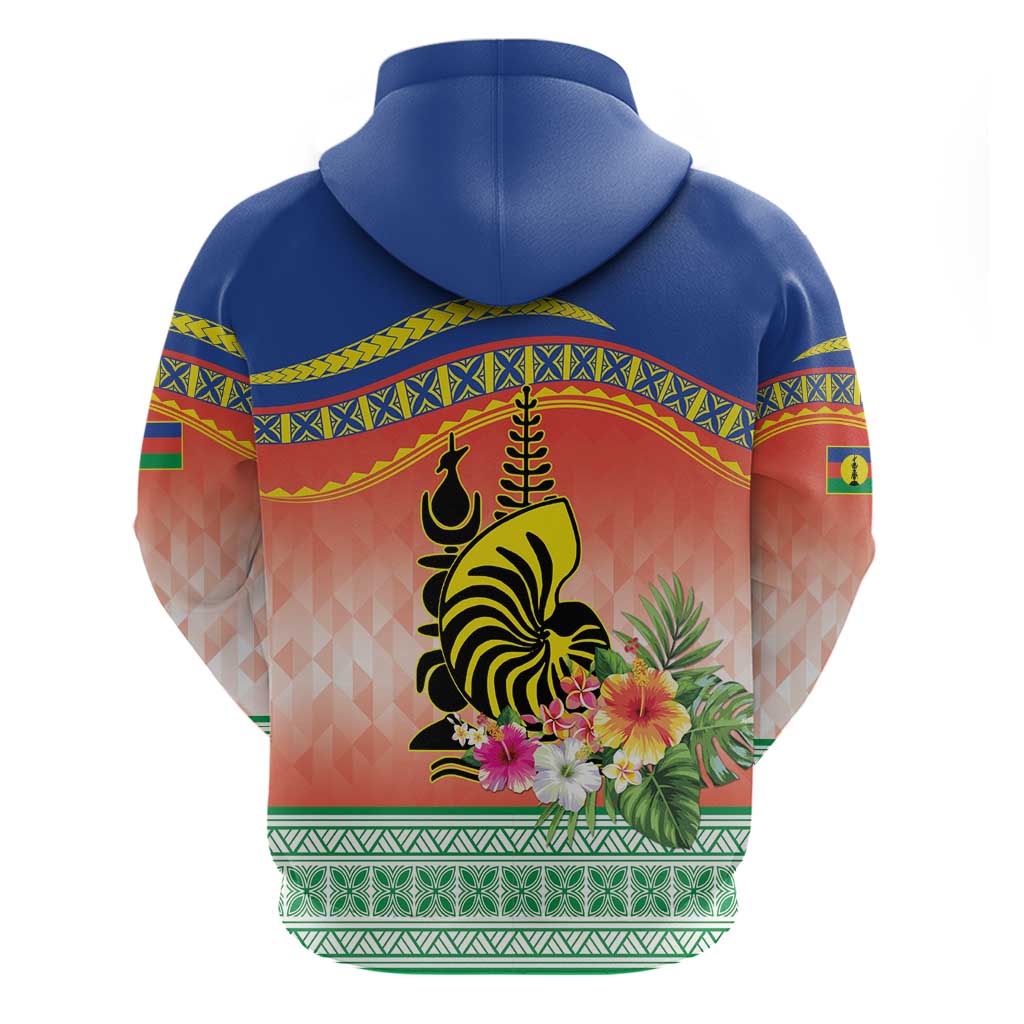 New Caledonia Nautilus Shell Zip Hoodie Polynesian Tropical Flowers