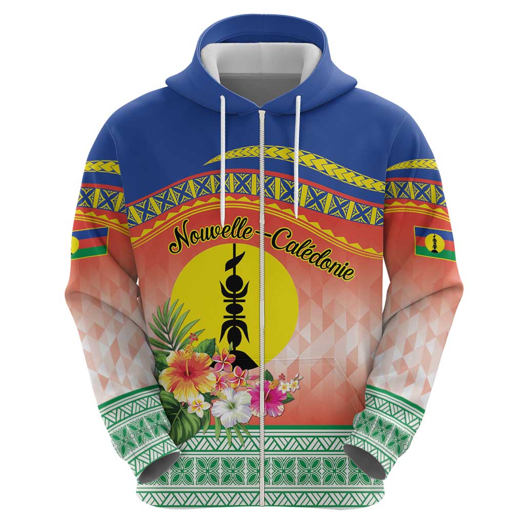 New Caledonia Nautilus Shell Zip Hoodie Polynesian Tropical Flowers