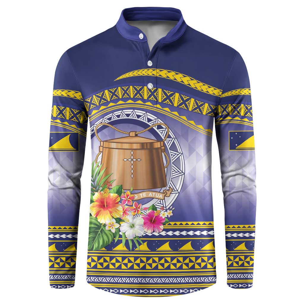 Tokelau Tuluma Button Sweatshirt Polynesian Tropical Flowers LT9 Blue - Polynesian Pride