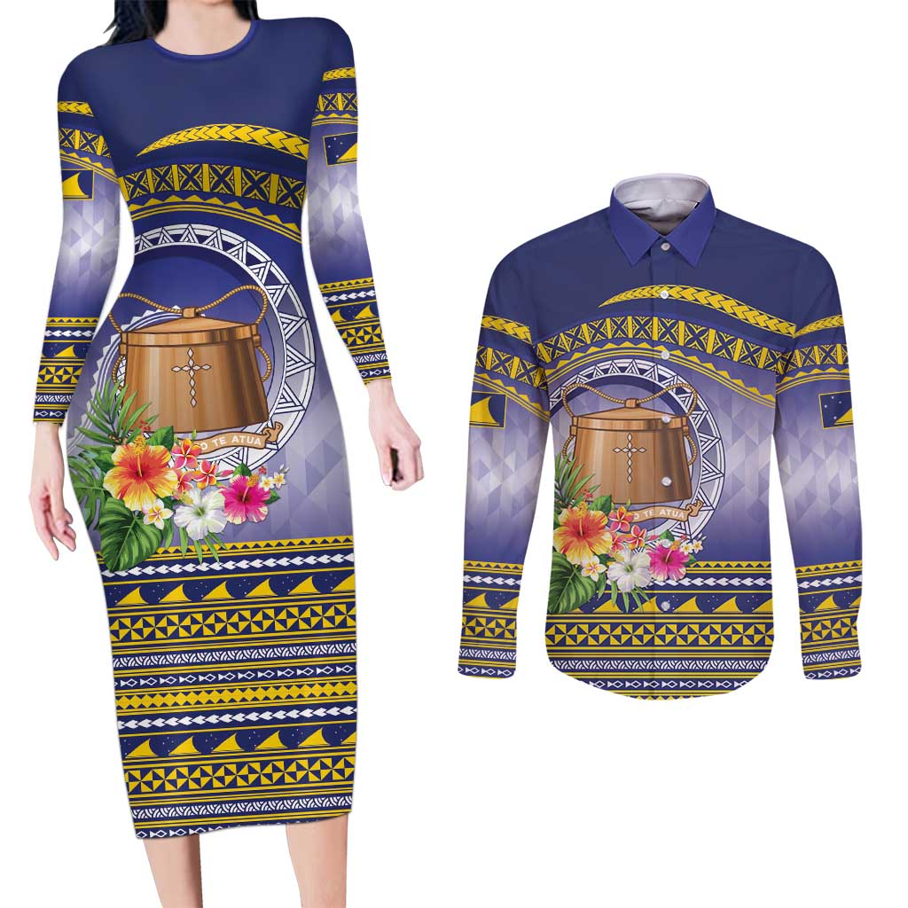Tokelau Tuluma Couples Matching Long Sleeve Bodycon Dress and Long Sleeve Button Shirt Polynesian Tropical Flowers LT9 Blue - Polynesian Pride