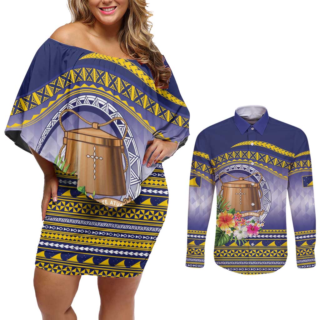 Tokelau Tuluma Couples Matching Off Shoulder Short Dress and Long Sleeve Button Shirt Polynesian Tropical Flowers LT9 Blue - Polynesian Pride