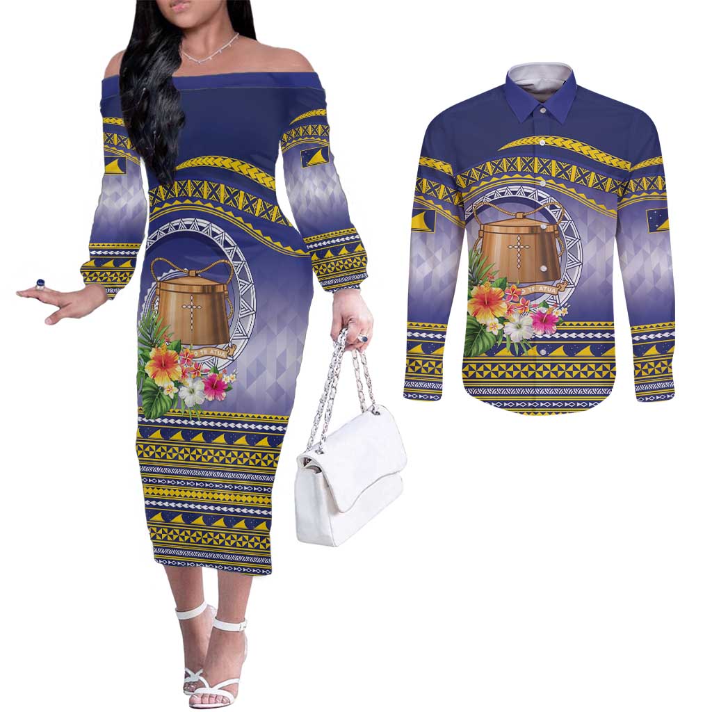 Tokelau Tuluma Couples Matching Off The Shoulder Long Sleeve Dress and Long Sleeve Button Shirt Polynesian Tropical Flowers LT9 Blue - Polynesian Pride