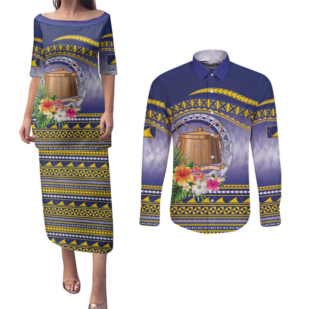 Tokelau Tuluma Couples Matching Puletasi and Long Sleeve Button Shirt Polynesian Tropical Flowers LT9 Blue - Polynesian Pride