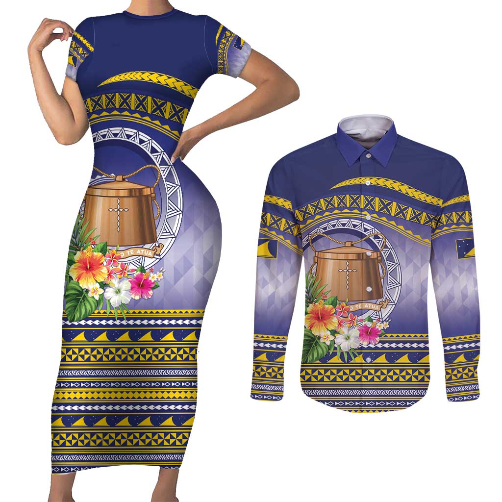 Tokelau Tuluma Couples Matching Short Sleeve Bodycon Dress and Long Sleeve Button Shirt Polynesian Tropical Flowers LT9 Blue - Polynesian Pride