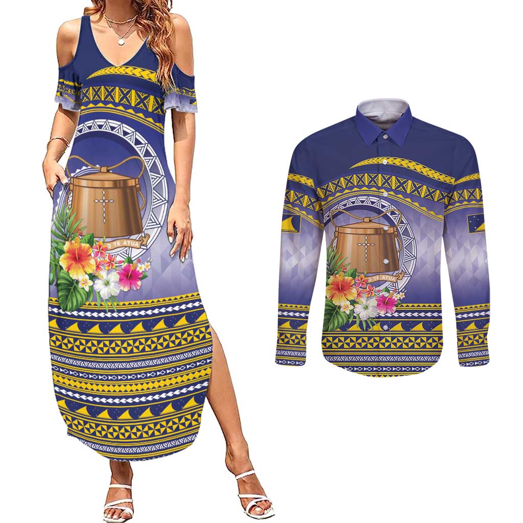 Tokelau Tuluma Couples Matching Summer Maxi Dress and Long Sleeve Button Shirt Polynesian Tropical Flowers LT9 Blue - Polynesian Pride