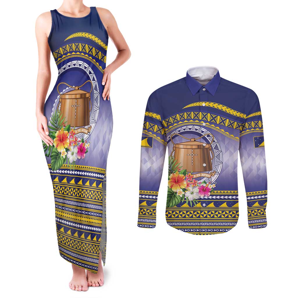 Tokelau Tuluma Couples Matching Tank Maxi Dress and Long Sleeve Button Shirt Polynesian Tropical Flowers LT9 Blue - Polynesian Pride