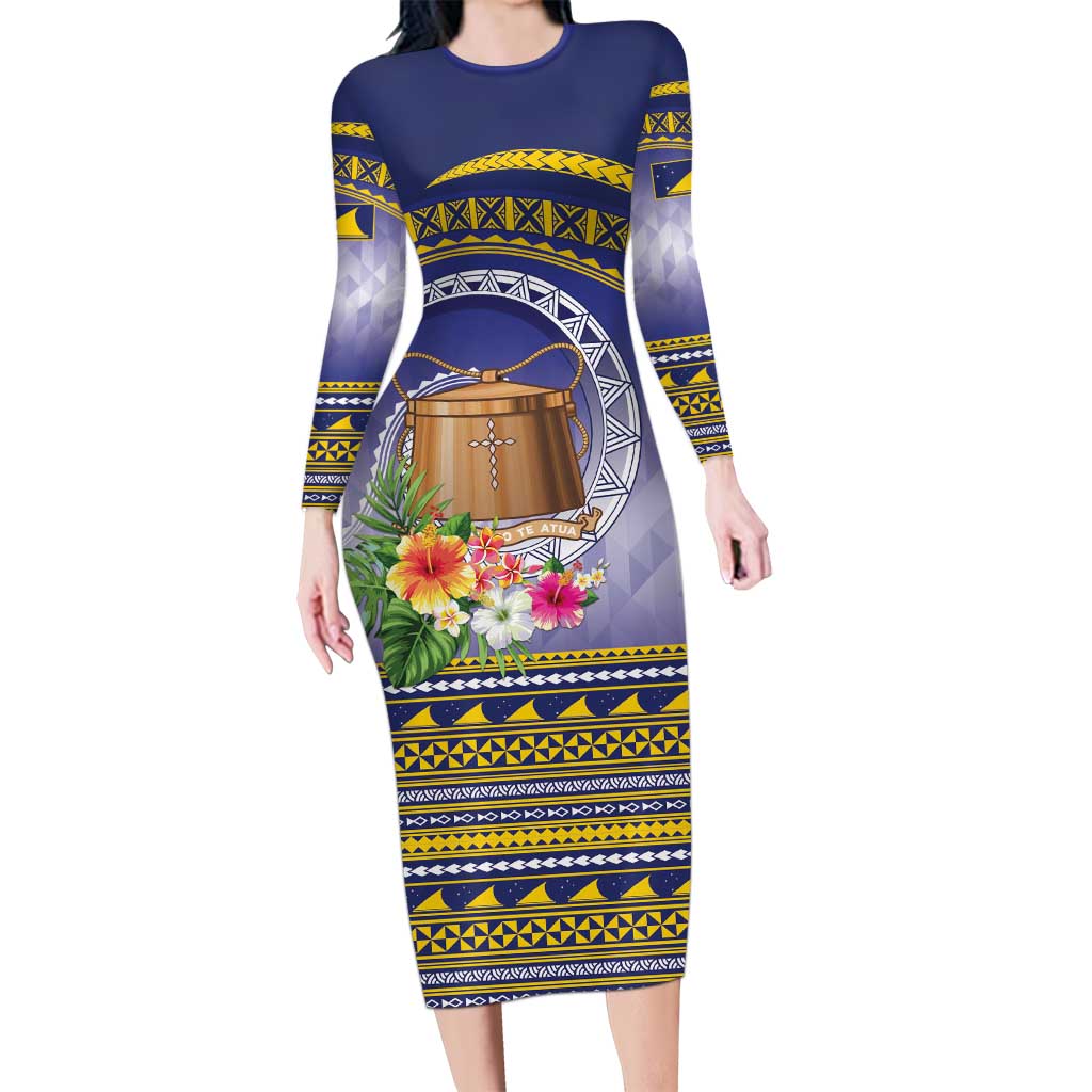 Tokelau Tuluma Long Sleeve Bodycon Dress Polynesian Tropical Flowers LT9 Long Dress Blue - Polynesian Pride