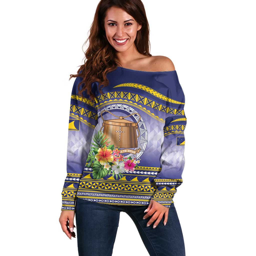 Tokelau Tuluma Off Shoulder Sweater Polynesian Tropical Flowers LT9 Women Blue - Polynesian Pride