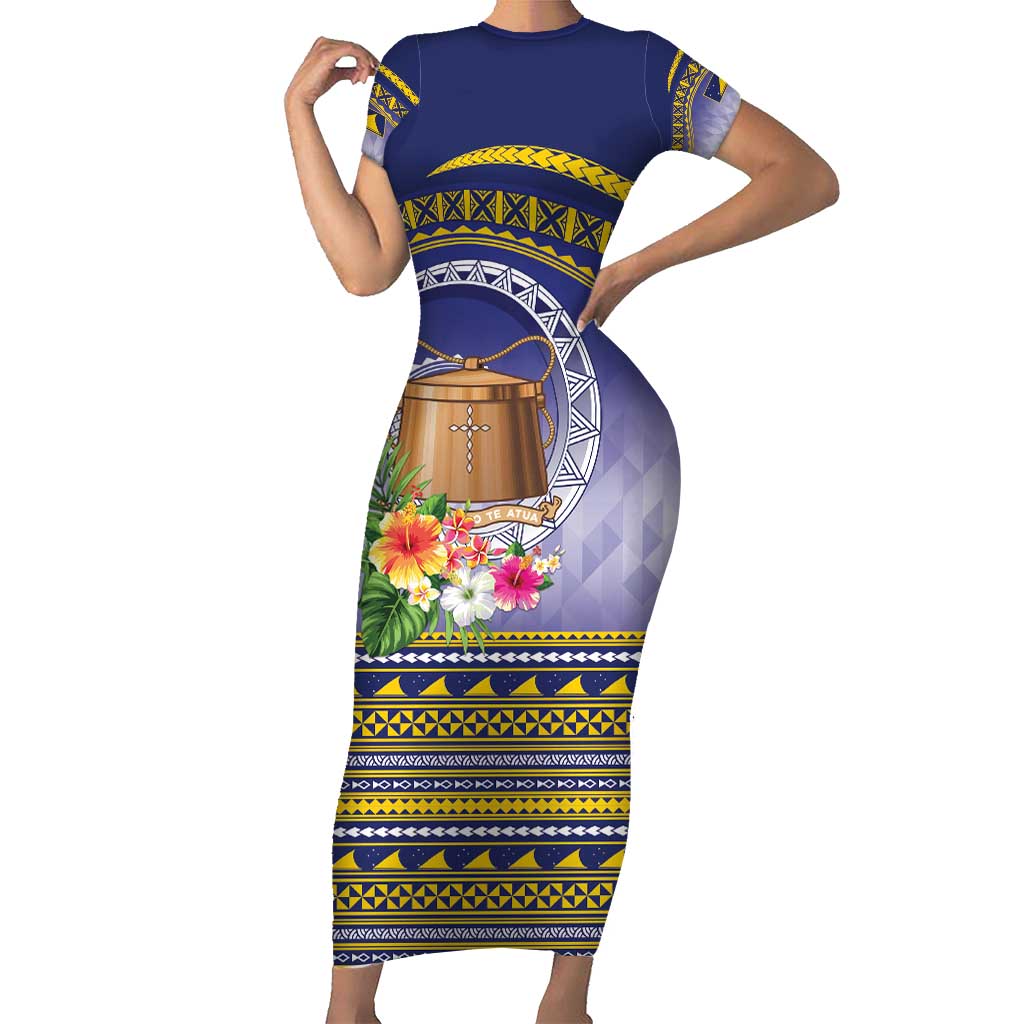 Tokelau Tuluma Short Sleeve Bodycon Dress Polynesian Tropical Flowers LT9 Long Dress Blue - Polynesian Pride