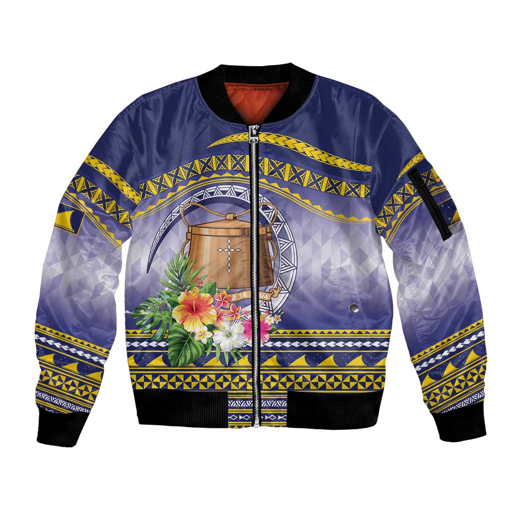 Tokelau Tuluma Sleeve Zip Bomber Jacket Polynesian Tropical Flowers LT9 Unisex Blue - Polynesian Pride
