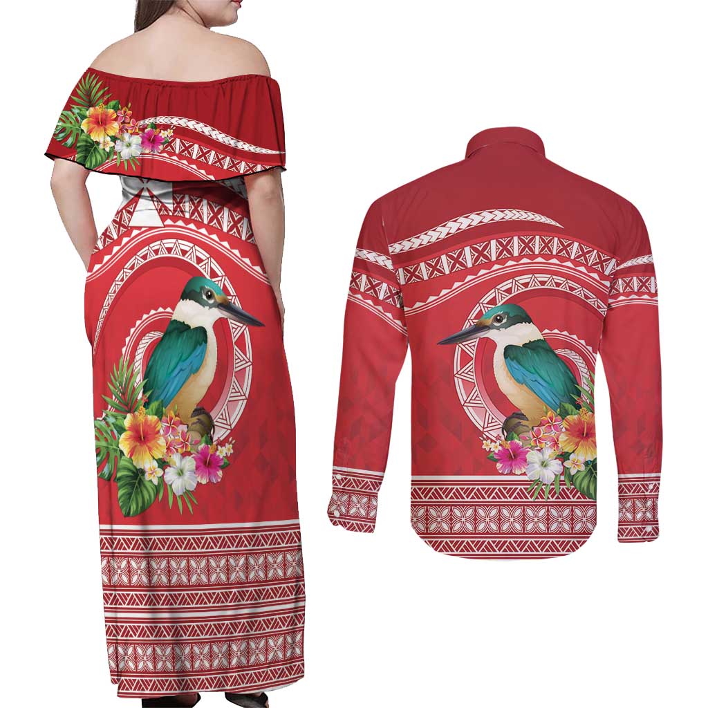 Wallis et Futuna Kingfisher Couples Matching Off Shoulder Maxi Dress and Long Sleeve Button Shirt Polynesian Tropical Flowers