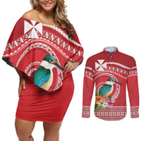 Wallis et Futuna Kingfisher Couples Matching Off Shoulder Short Dress and Long Sleeve Button Shirt Polynesian Tropical Flowers