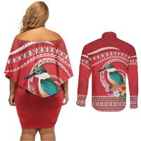 Wallis et Futuna Kingfisher Couples Matching Off Shoulder Short Dress and Long Sleeve Button Shirt Polynesian Tropical Flowers