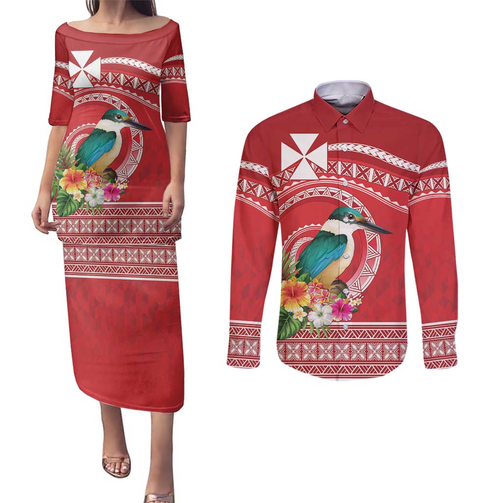 Wallis et Futuna Kingfisher Couples Matching Puletasi and Long Sleeve Button Shirt Polynesian Tropical Flowers LT9 Red - Polynesian Pride