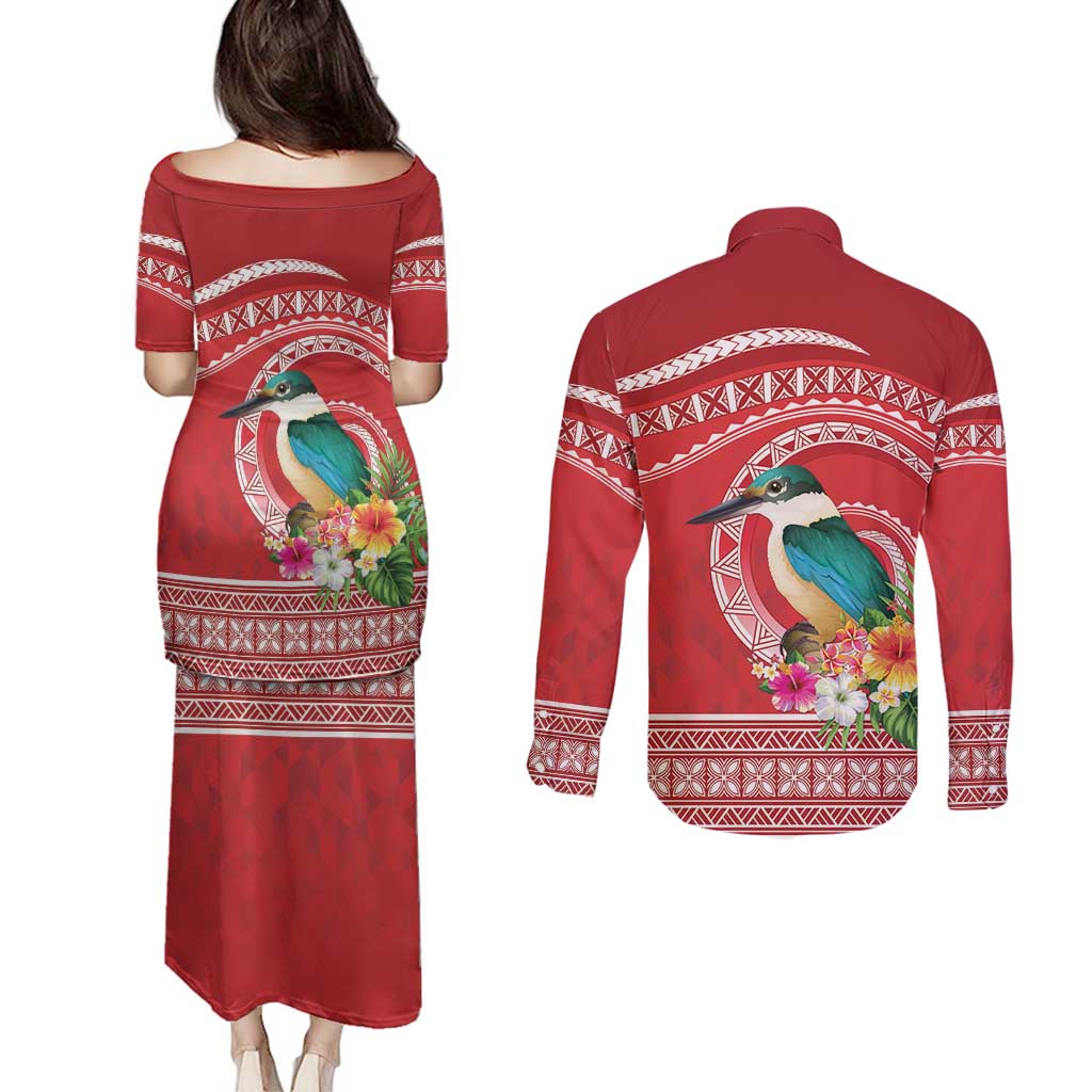 Wallis et Futuna Kingfisher Couples Matching Puletasi and Long Sleeve Button Shirt Polynesian Tropical Flowers